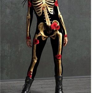 Skeleton Print Jumpsuit with Red Rose Accents